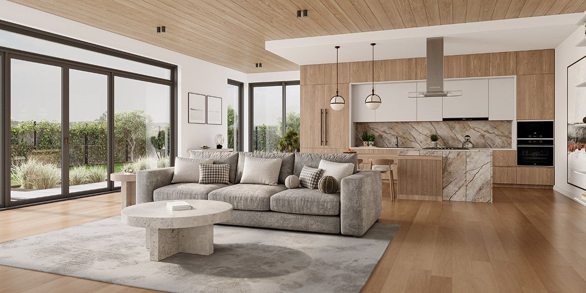 A living room with a couch , coffee table , and sliding glass doors.