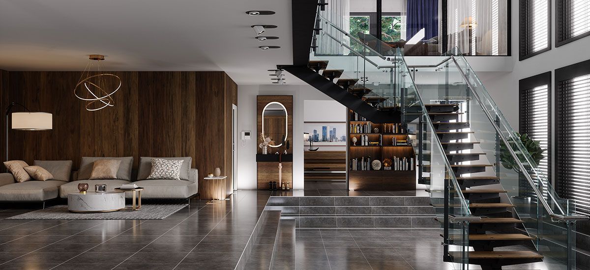 A living room with a glass staircase and a couch.