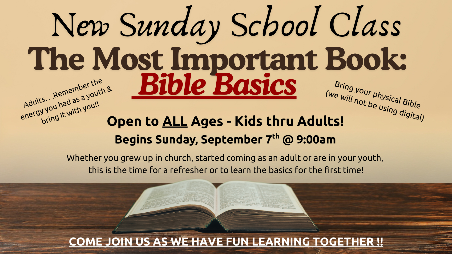 A sign that says come join us for sunday school