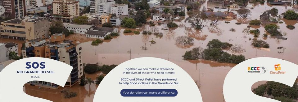 Flooded city with SOS call to action, white and blue text.