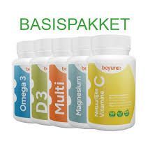 Vijf flessen Beyuna-supplementen met de naam 