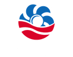 A red , white and blue logo on a white background.