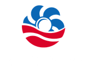 A red , white and blue logo on a white background.