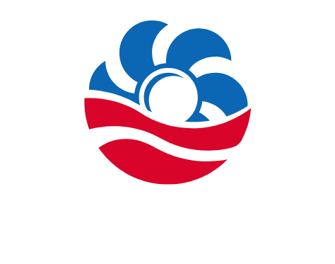 A red , white and blue logo on a white background.