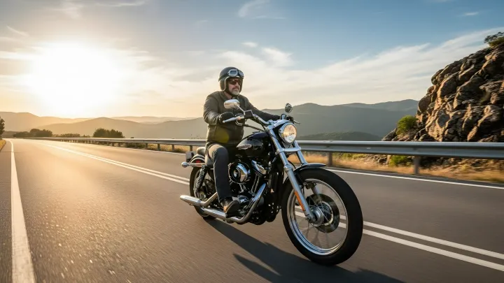 Pessoa pilotando uma motocicleta preta em uma estrada ensolarada, com montanhas ao fundo.