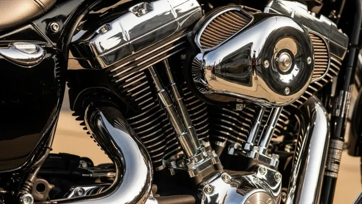 Motor de motocicleta cromado e brilhante.
