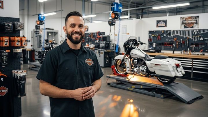 Mecânico sorrindo em uma oficina da Harley-Davidson, com uma motocicleta branca em um elevador ao fundo.