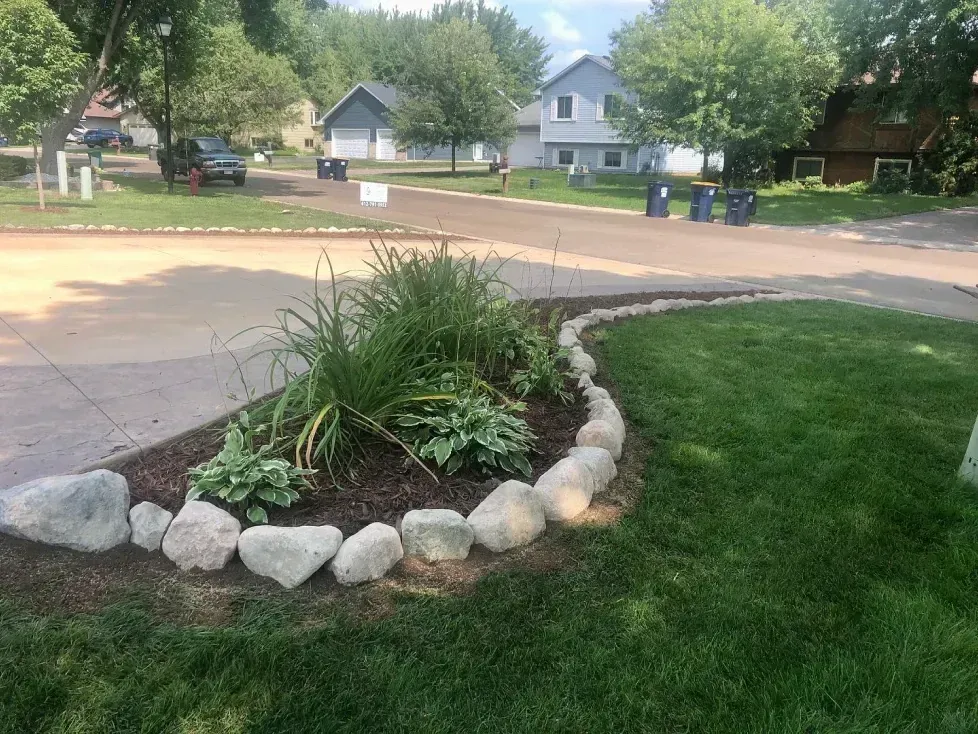 A curved rock-lined flower bed with lush green plants sits on a grassy lawn in front of a suburban street.