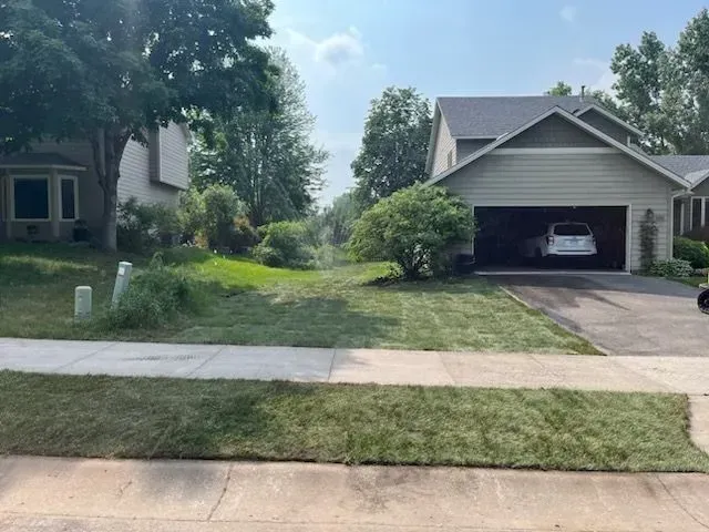 A residential lawn partially mowed, with a house, driveway, and overgrown vegetation in the background.