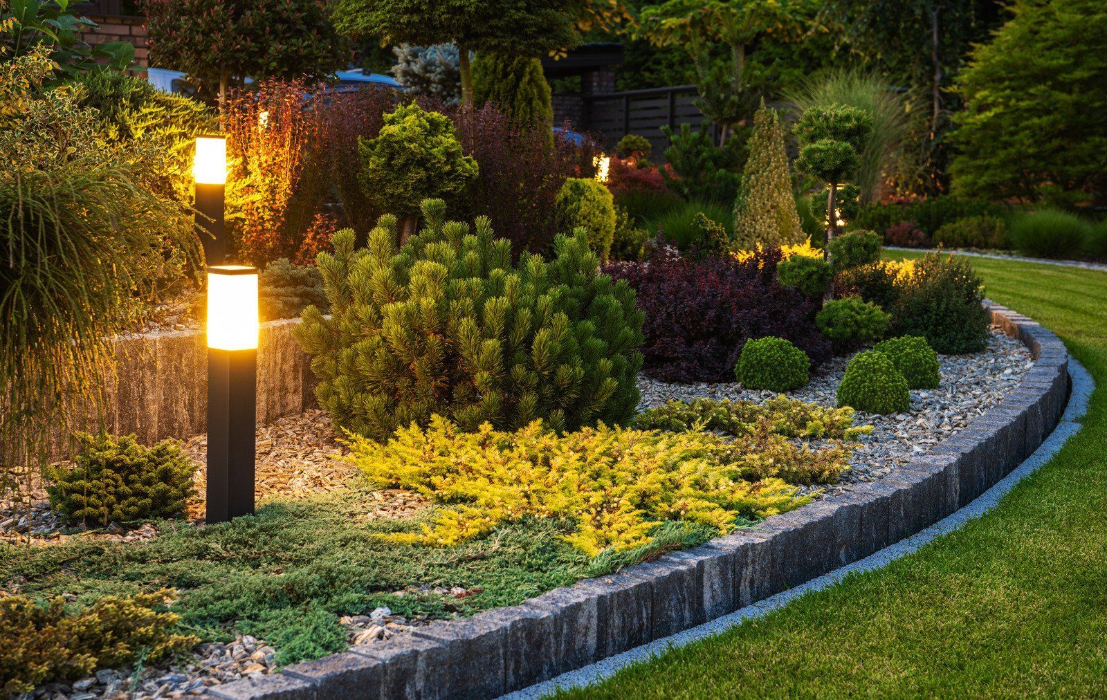 Illuminated garden bed with various shrubs and plants, edged with stone and lit by modern outdoor lights.