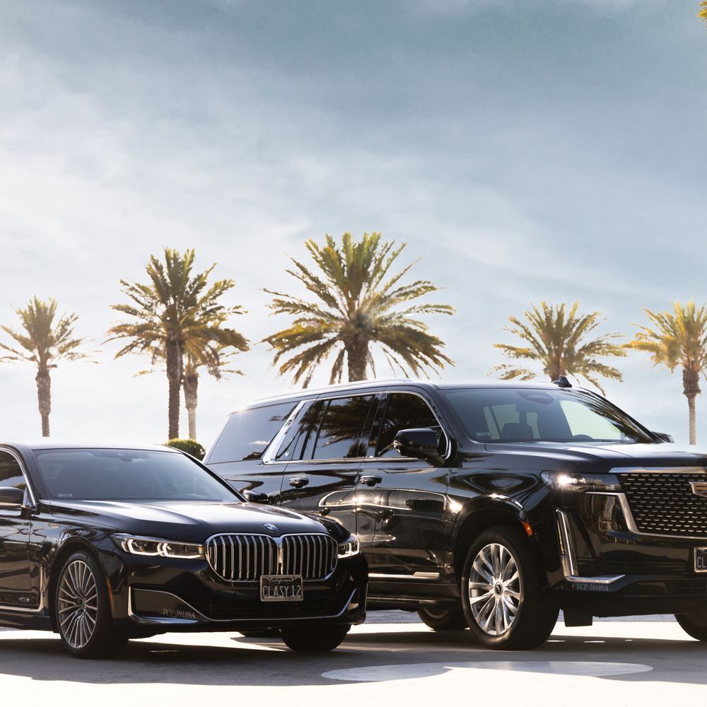 Two black cars are parked next to each other in front of palm trees.