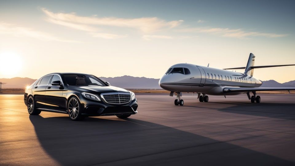 A car is parked next to a private jet on an airport tarmac.