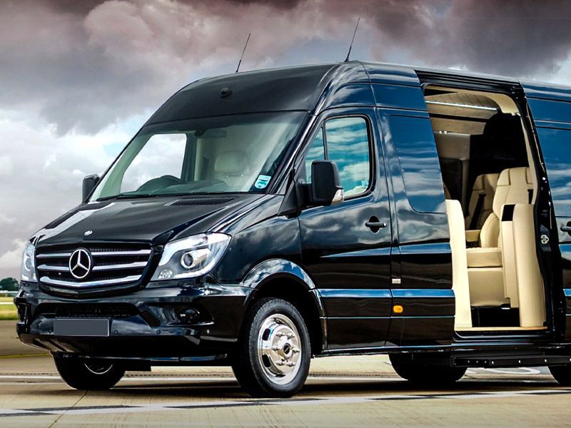A black mercedes van is parked on the side of the road.