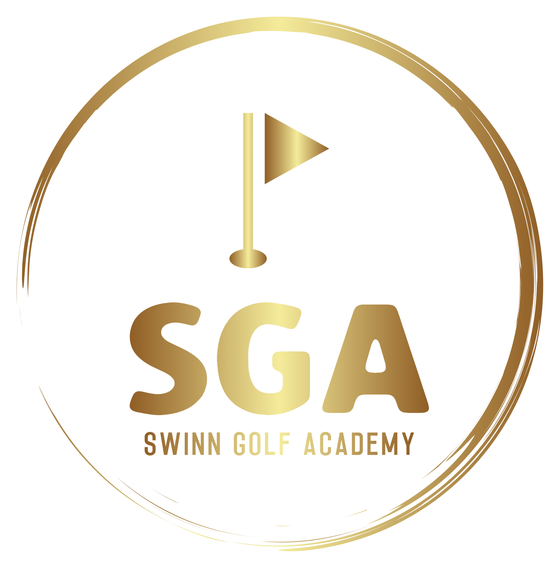 Gold logo: a golf flag above the initials 