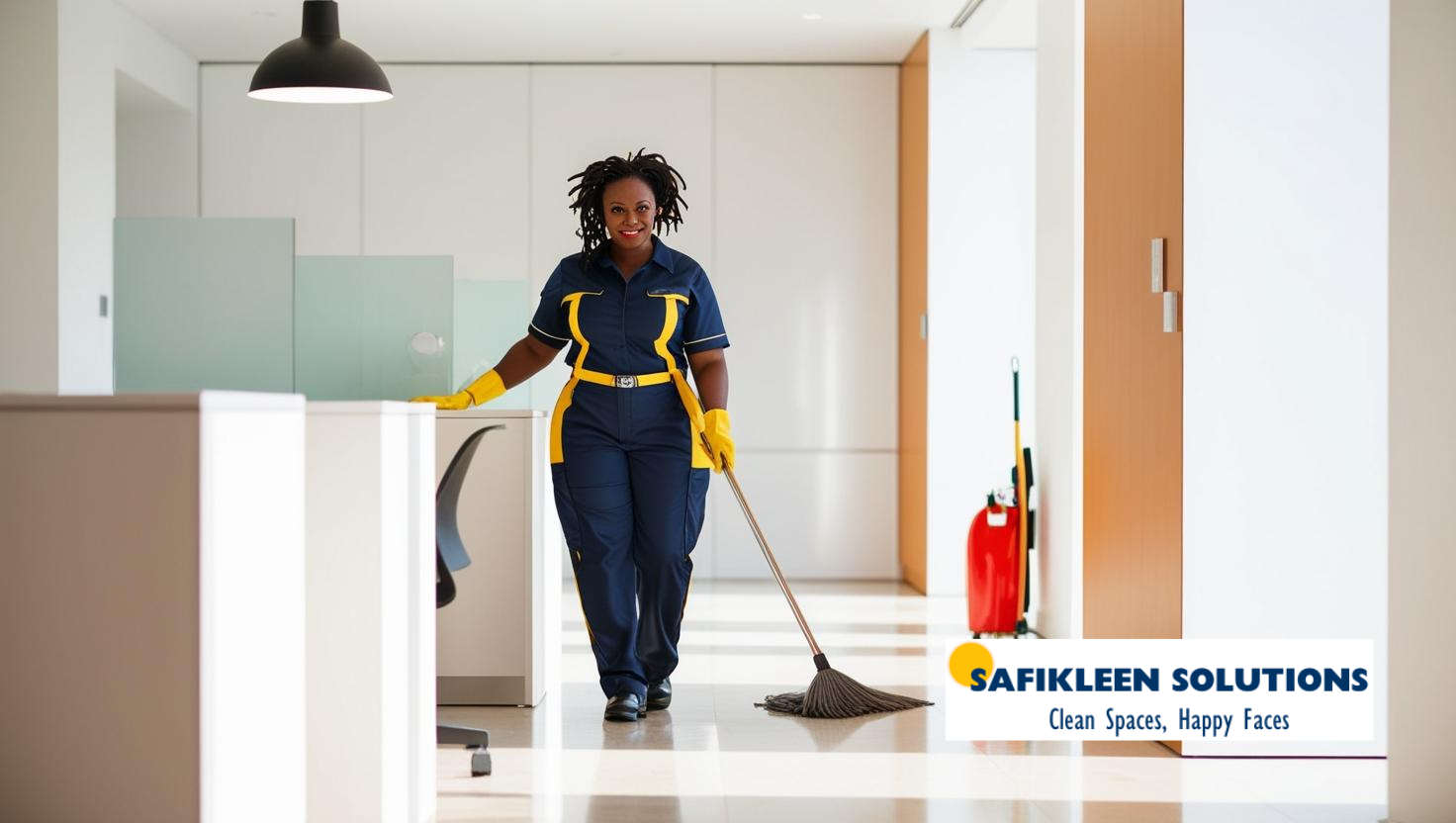 A woman is cleaning the floor of an office with a mop.