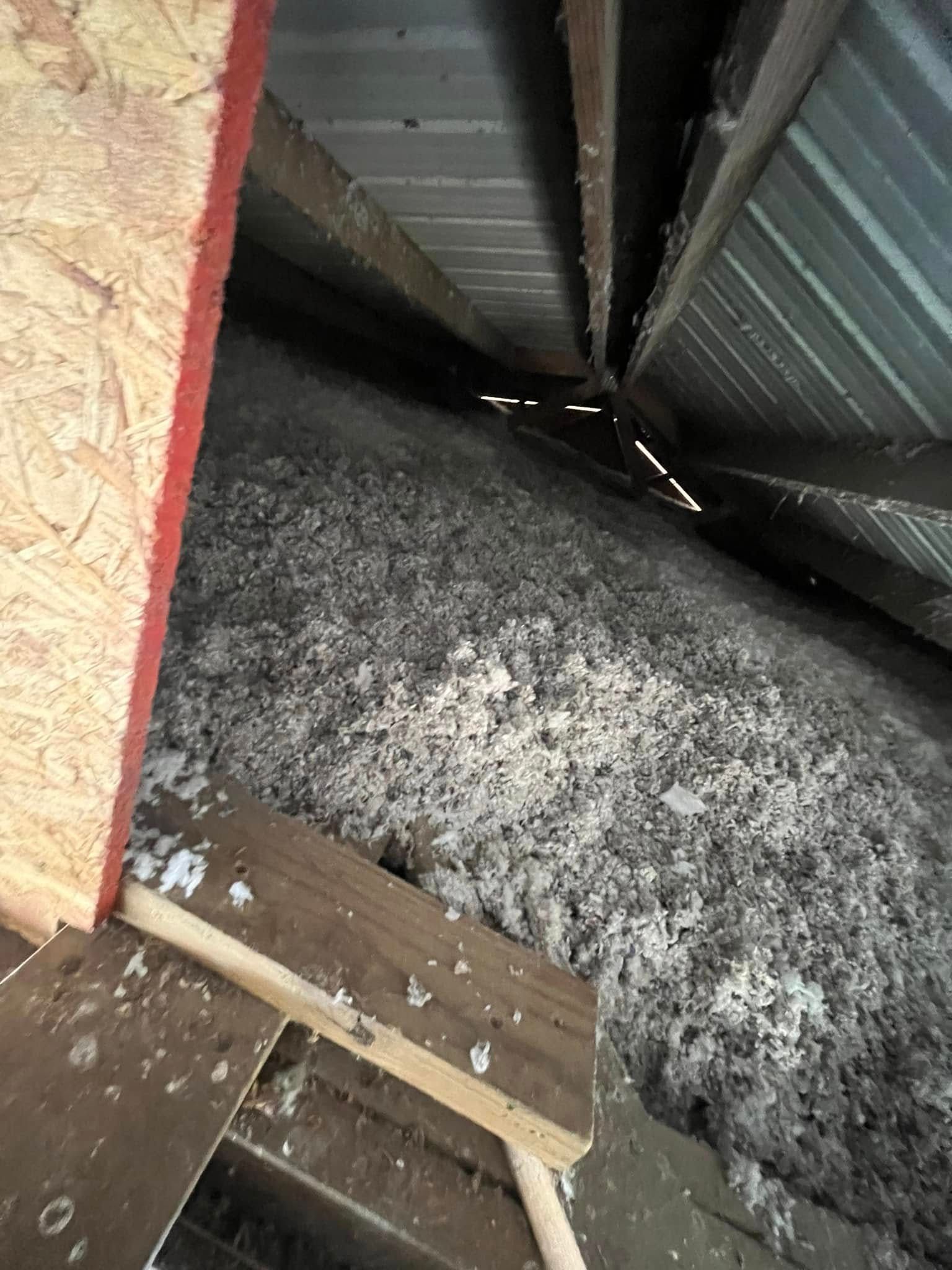 A close-up view inside an attic, filled with loose, gray insulation. Wooden beams and the underside of a roof are visible.