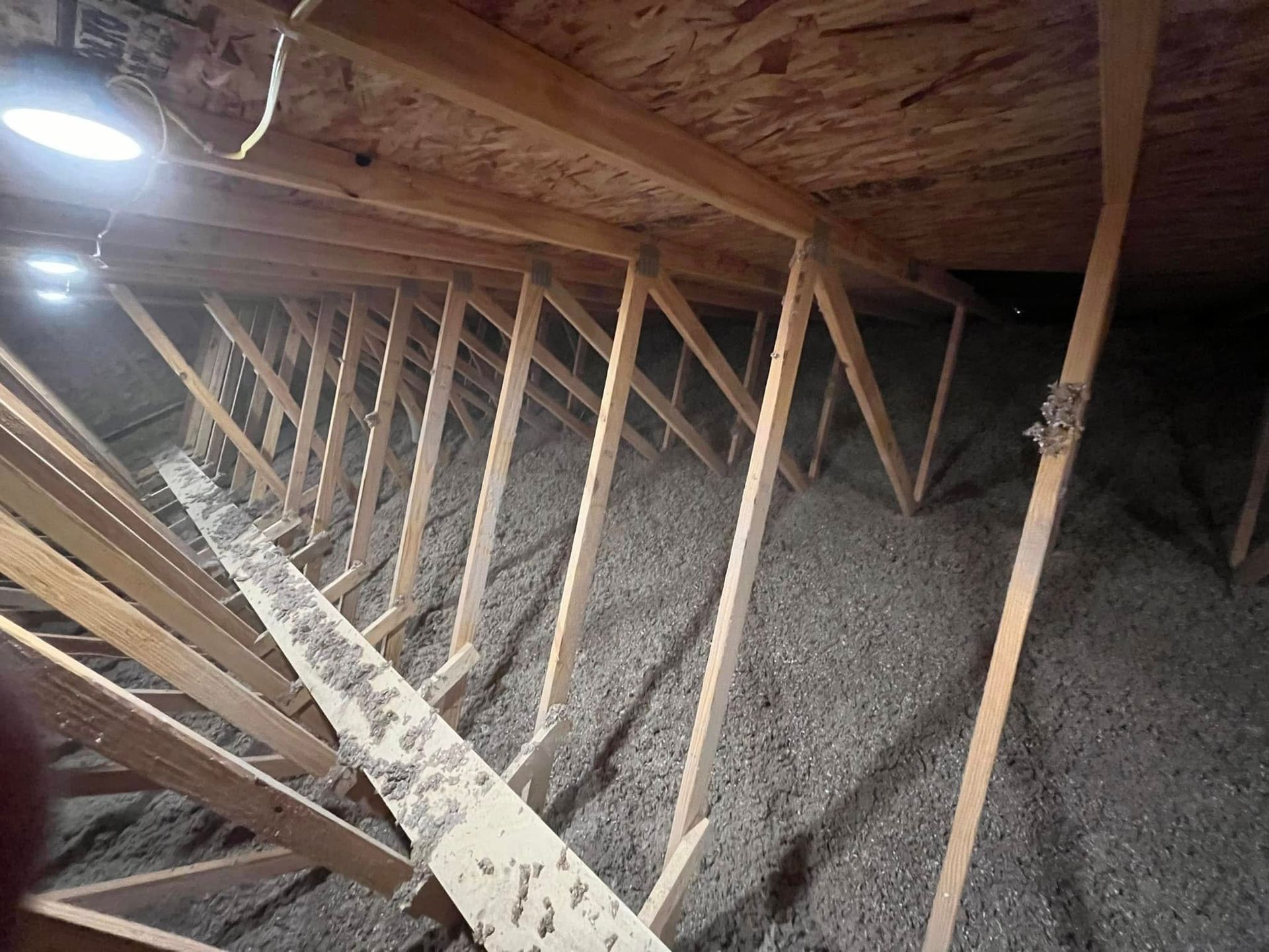 Attic interior with wooden trusses and insulation. A light illuminates the space, filled with gray insulation.
