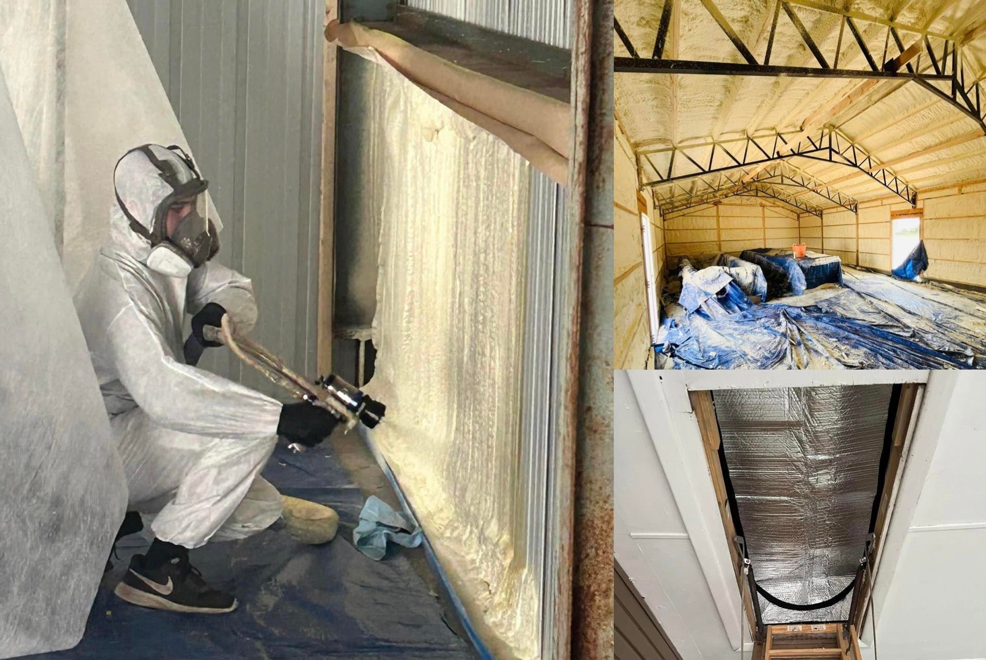 Person in protective suit spraying insulation foam onto a wall inside a building. Additional images show an interior view and a stairwell insulated.