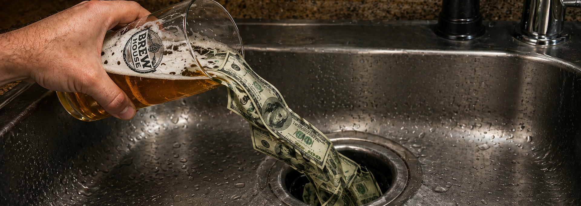 A pint glass pouring cash instead of beer into a drain