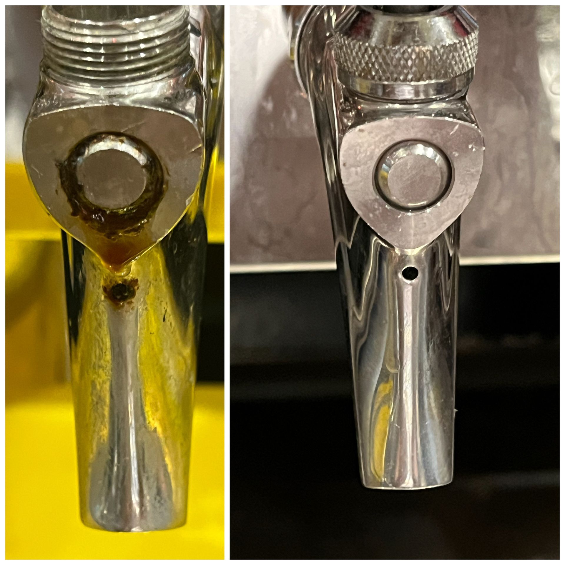 Before and after of faucet after cleaning draft system