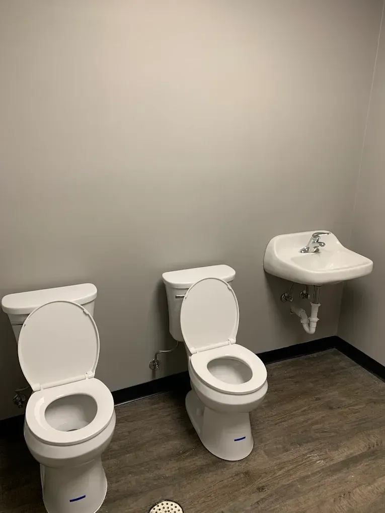 Two white toilets and a white sink in a small bathroom with gray walls and wood-look flooring.