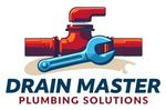 Drain Master Plumbing Solutions logo: Red pipe and valve with a blue wrench; text below.