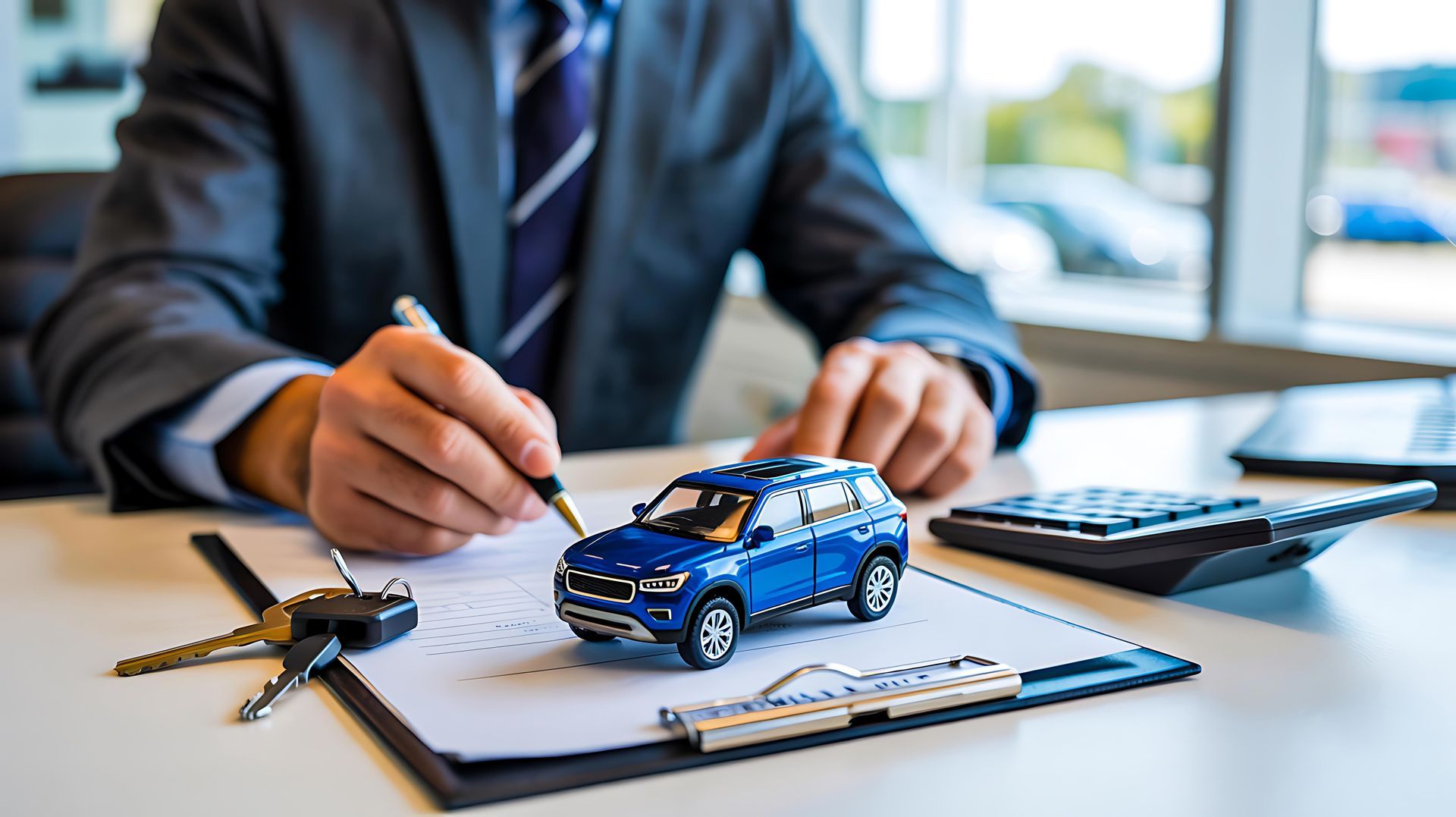 An auto insurance agent reviewing a contract with a miniature car on the desk. An auto insurance agent reviewing a contract with a miniature car on the desk.