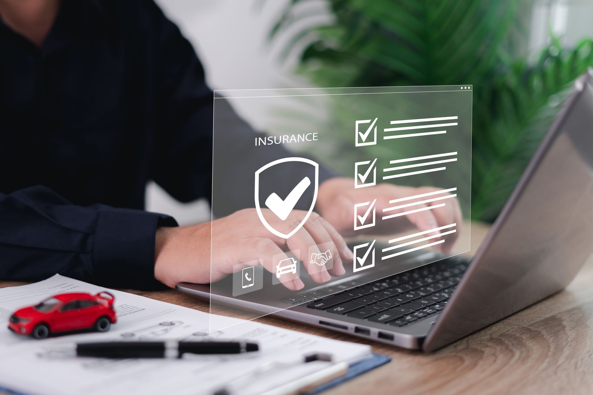 Modern car toy and insurance concepts on virtual screens with documents. Modern car toy and insurance concepts on virtual screens with documents.