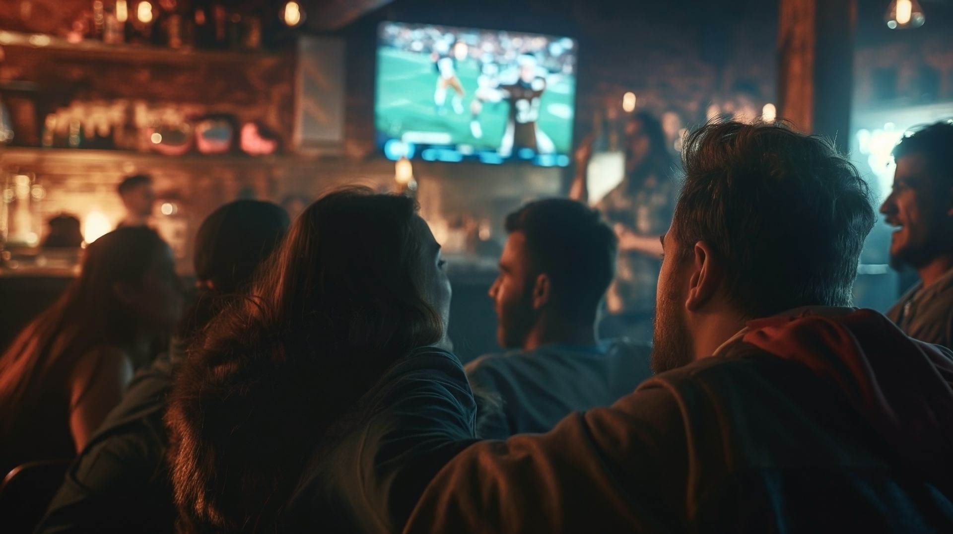 People watching a football game on TV in a dimly lit bar.