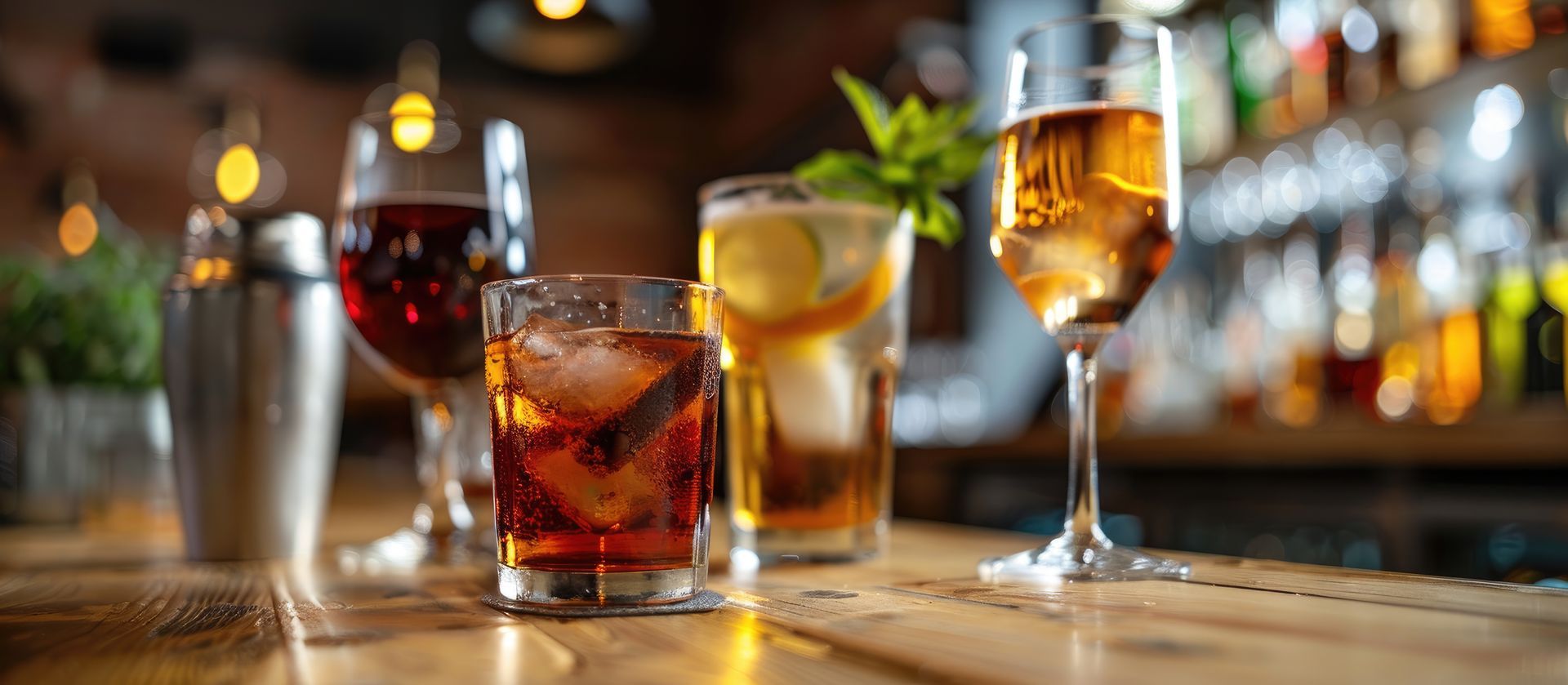 Cocktails on a wooden bar: old fashioned, wine, highball with citrus, and champagne.