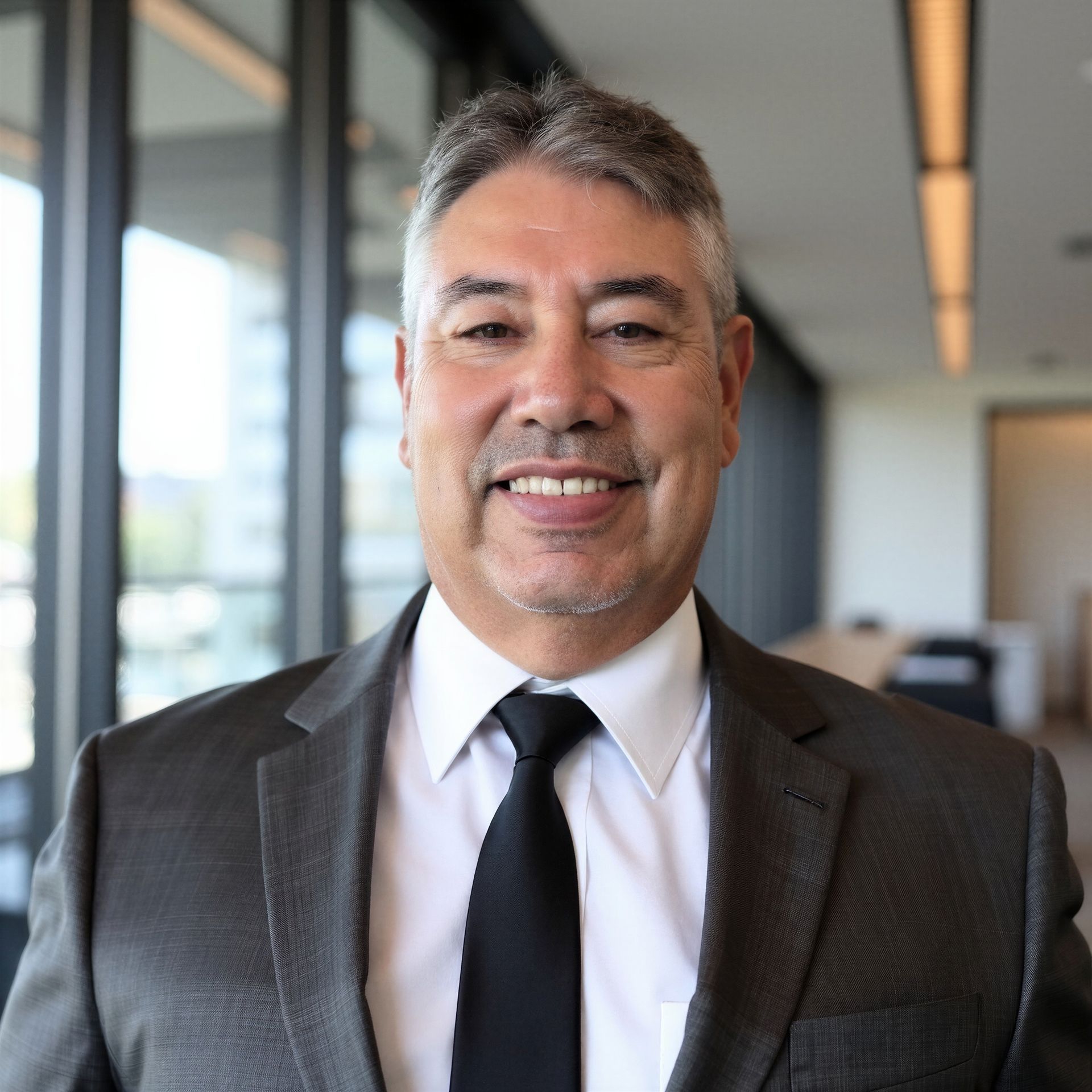 A smiling person in a gray suit and black tie stands in a bright office space with floor-to-ceiling windows.