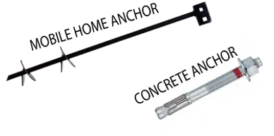 A mobile home anchor and a concrete anchor are shown on a white background.