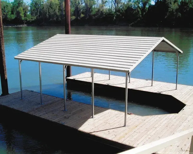 a wooden dock with a white canopy over it