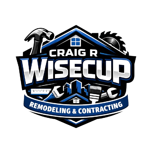 Logo for Craig R Wisecup Remodeling & Contracting, featuring construction tools and a house silhouette in blue and black.