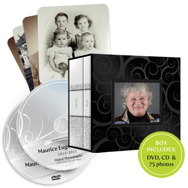Memorial box set with DVD, CD, photos, and photo of woman. Box has black swirl design.