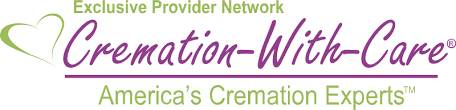 Logo for Cremation-With-Care, a provider network. Green heart graphic, purple script text on a horizontal purple line.