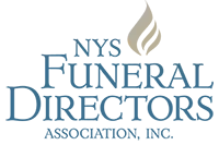Logo for NYS Funeral Directors Association, Inc. Features blue text and a light-colored flame icon.