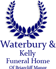 Logo for Waterbury & Kelly Funeral Home; blue laurel wreath above text.
