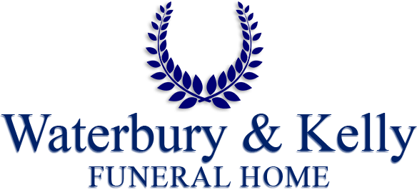 Logo for Waterbury & Kelly Funeral Home; blue laurel wreath above text.