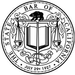 The seal of the bar of california is a black and white seal with a bear and scales of justice.