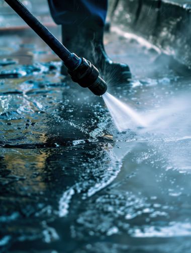 Pressure washing a wet pavement with a strong spray of water