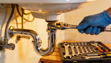 Blue-gloved hands tightening a pipe under a bathroom sink beside a wrench set