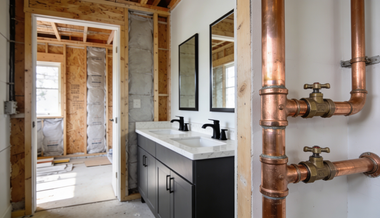 Bathroom under construction with exposed framing, copper pipes, and a black vanity with sink and mirror