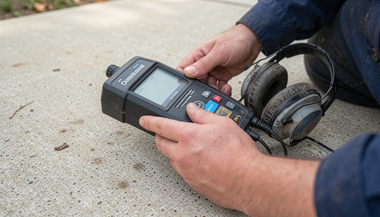 Hands using a handheld device near a pair of headphones on a sidewalk.