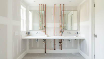 Bright bathroom double vanity with white cabinets, mirrors, and exposed copper plumbing fixtures