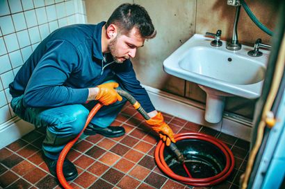 Plumber in blue coveralls and orange gloves unclogs a bathroom drain with a drain snake beside a sink.