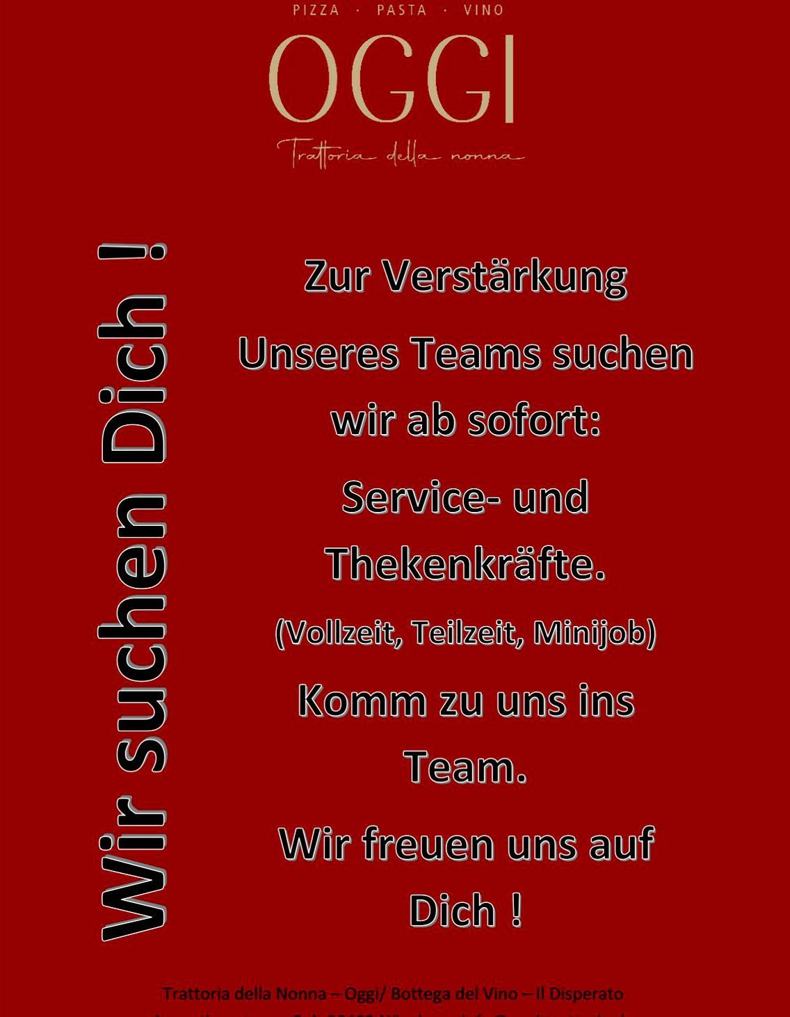 Jobs, OGGI Nürnberg, Trattoria della Nonna, Service- und Thekenkräfte, gesucht, Wir suchen dich!, Jobangebot