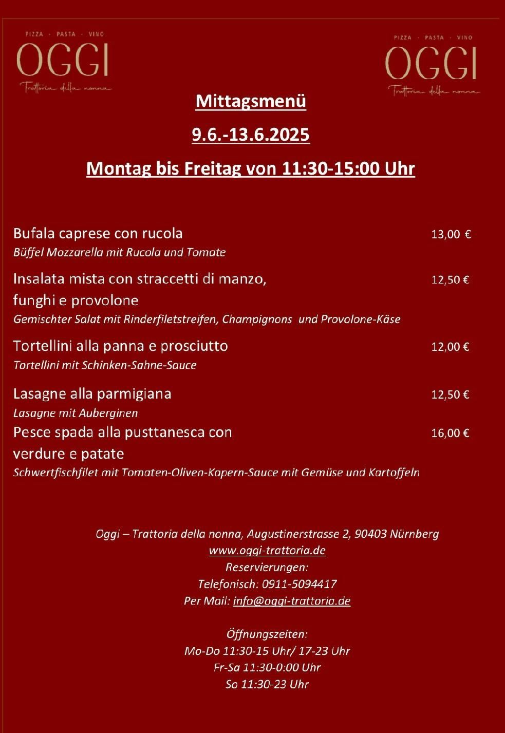 Mittagskarte OGGI Trattoria della nonna, italienisch, italienisches Restaurant, Zentrum Nürnbergs, Hauptmarkt, Altstadt, Nürnberg, Augustinerstr. 2