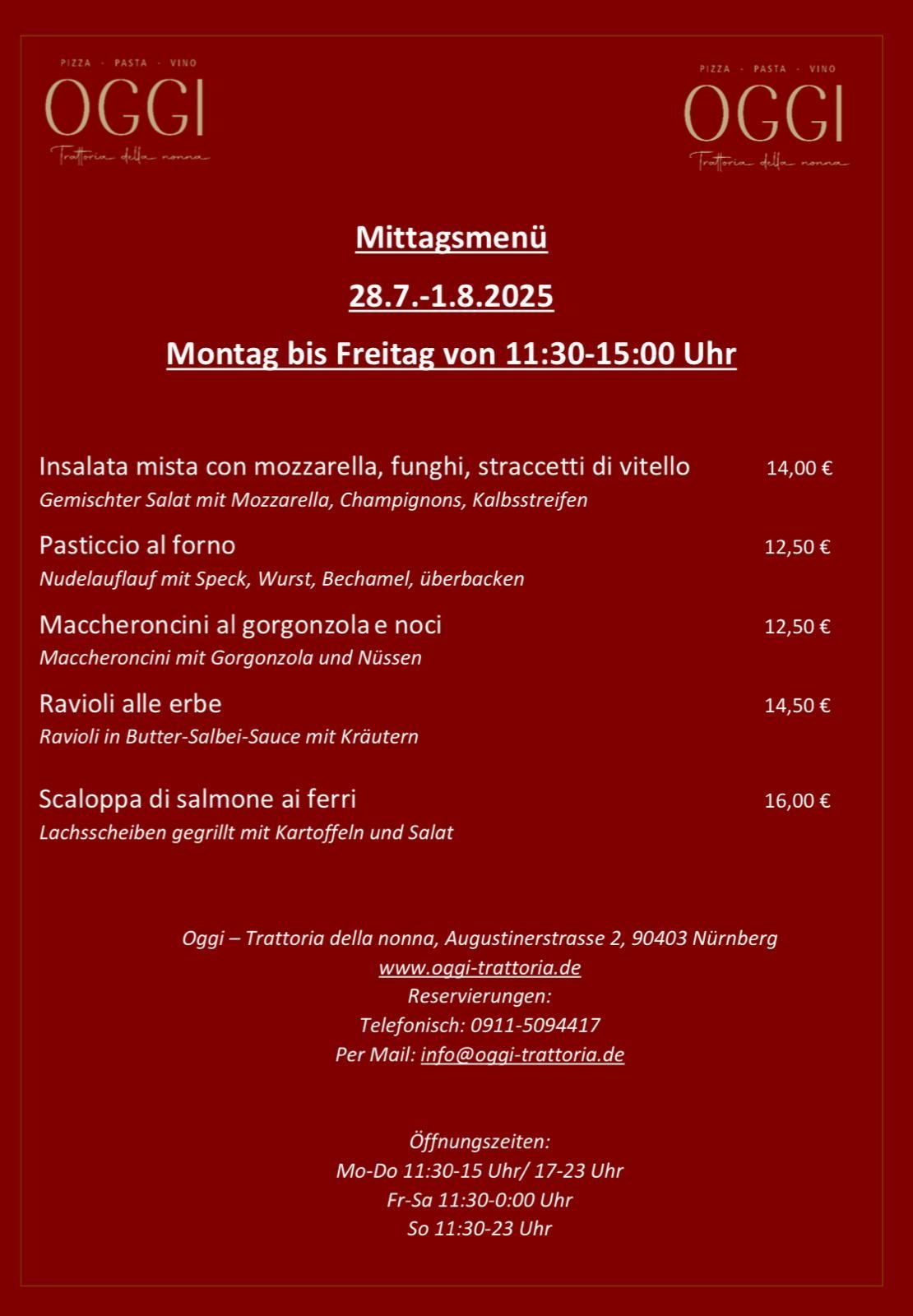 Mittagskarte OGGI Trattoria della nonna, italienisch, italienisches Restaurant, Zentrum Nürnbergs, Hauptmarkt, Altstadt, Nürnberg, Augustinerstr. 2