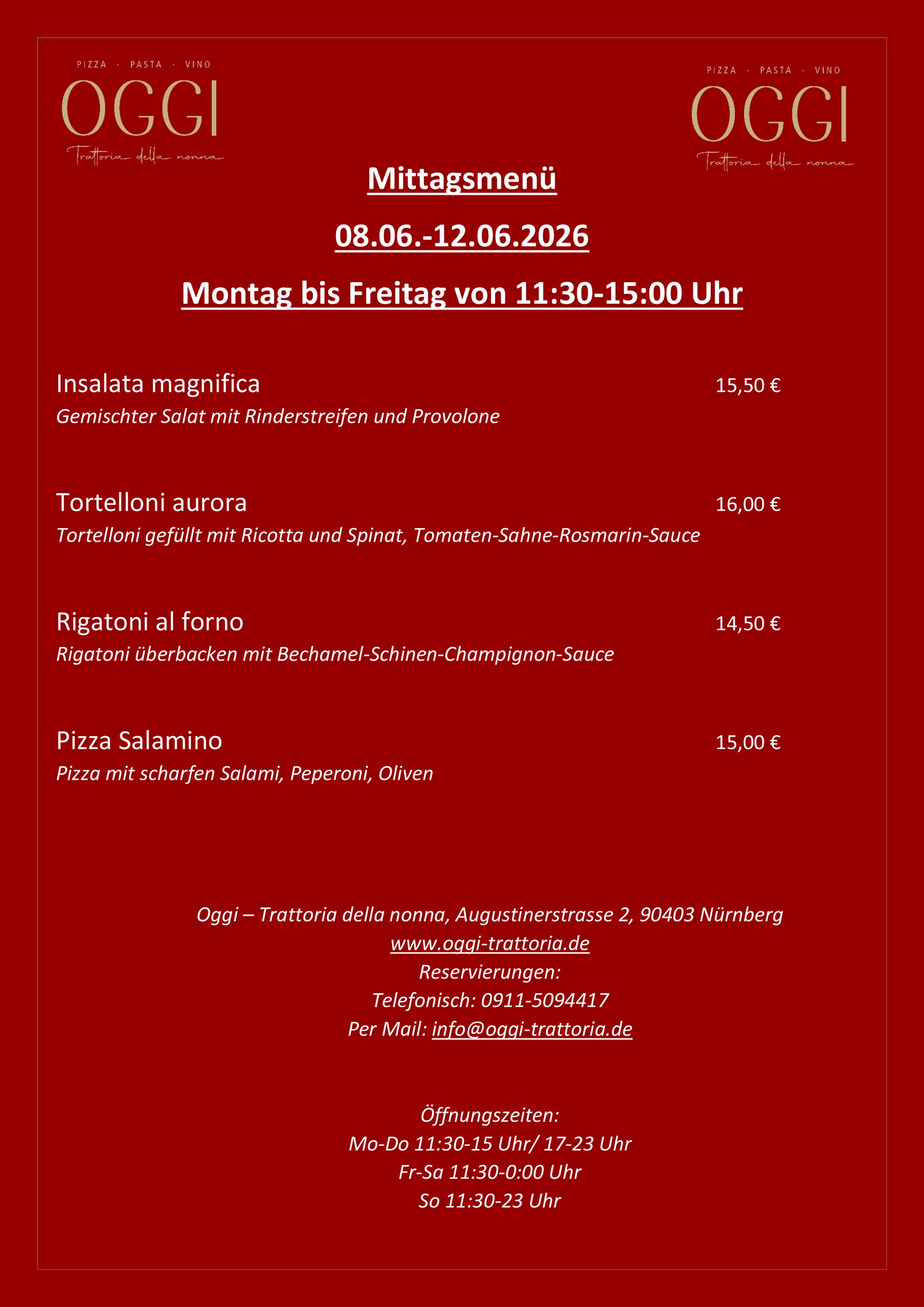 Mittagskarte OGGI Trattoria della nonna, italienisch, italienisches Restaurant, Zentrum Nürnbergs, Hauptmarkt, Altstadt, Nürnberg, Augustinerstr. 2